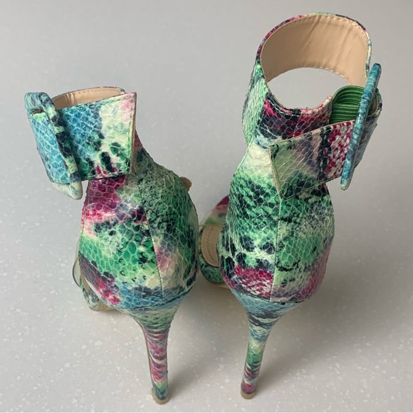 Multicolored Snakeskin Open Toe Ankle Strap Stilettos High Heel Sandals- 7.5 - Picture 4 of 5
